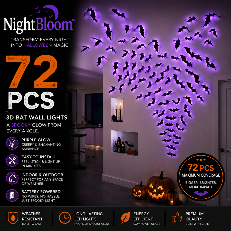🦇 NightBloom™ LED 3D Bat Wall Light — Halloween Glow Decor
